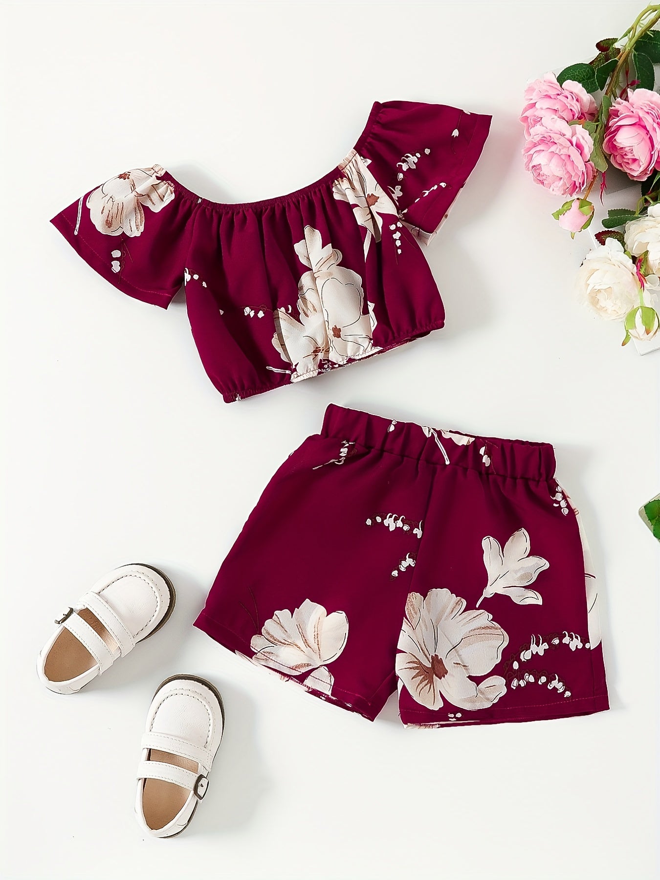 Girls Flower Graphic Off Shoulder Top & Shorts Set For Summer