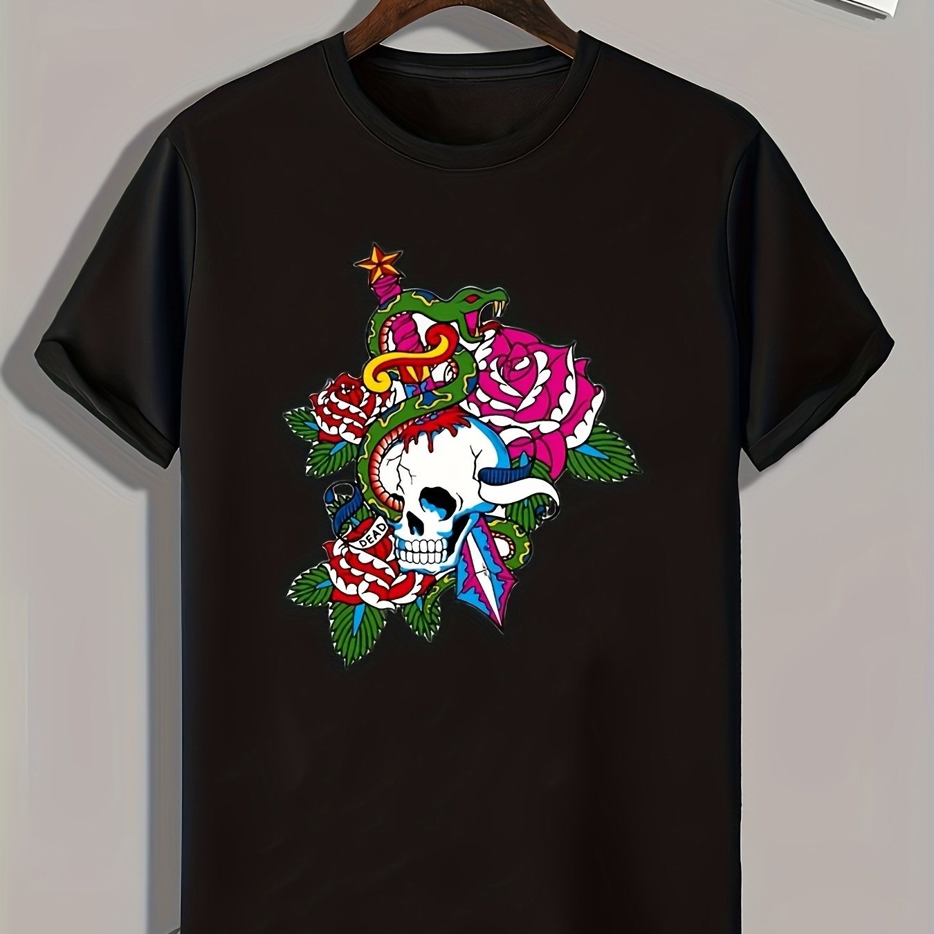 Skull Flowers Print Men's Graphic T-shirt for Summer