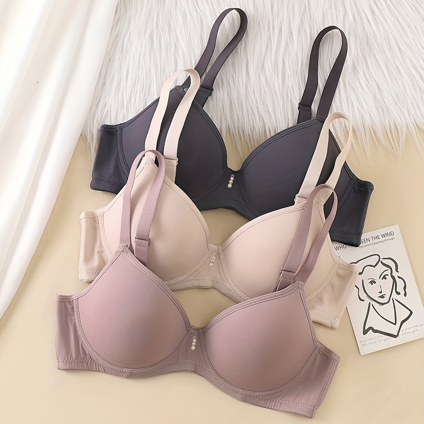3pcs Solid Push Up T Shirt Bras Women's Lingerie