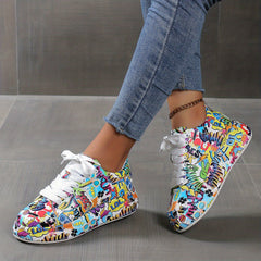 Graffiti Pattern Platform Skate Shoes Faux Leather Lace Up Sneakers