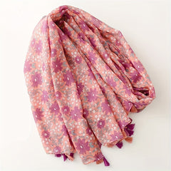Pink Flower Print Tassel Scarf Boho Shawl Casual Hijab Head Wrap Women