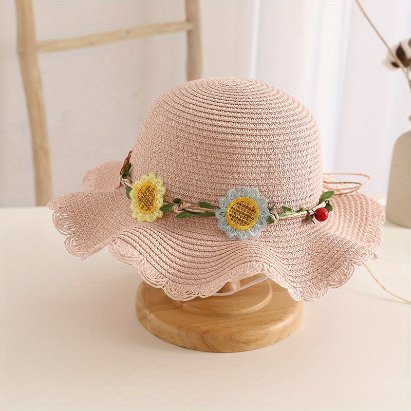 Girls' Beach Princess Straw Sun Hat with Flowers and Bag