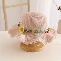 Girls' Beach Princess Straw Sun Hat with Flowers and Bag