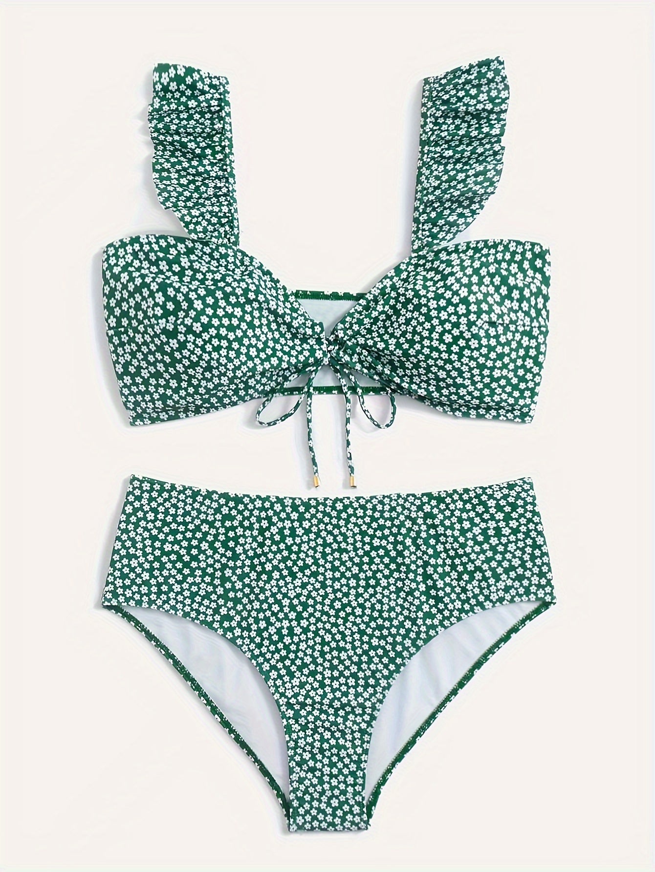 Ditsy Print Ruffle Trim Bikini Set