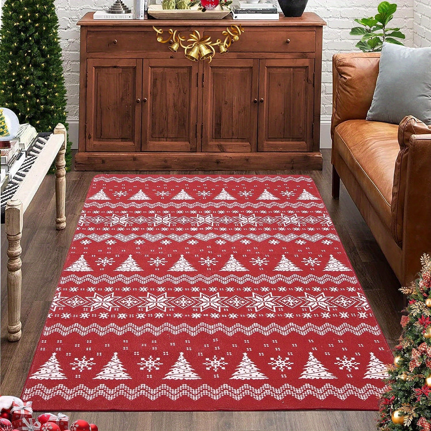 Machine Washable Area Rug Christmas Tree Snowflake Decor