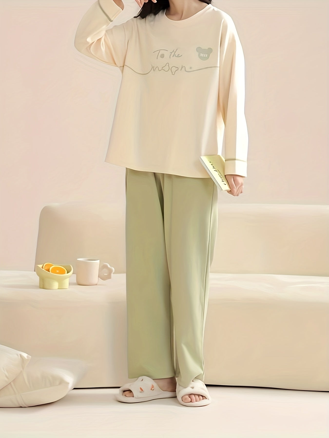 Letter Print Pajama Set Crew Neck Top & Elastic Waistband Pants
