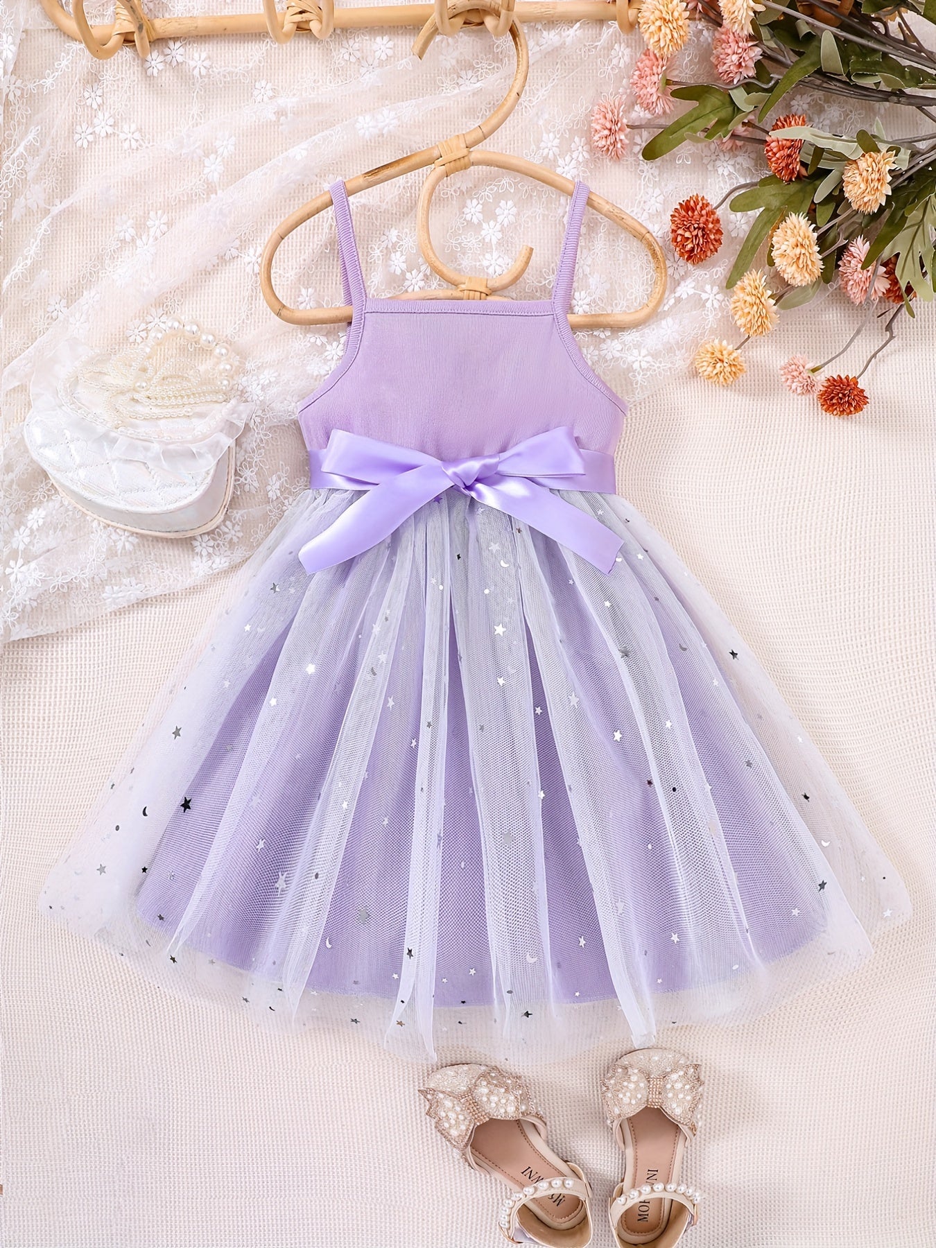 Toddler Girls Stars Mesh Overlay Belted Cami Princess Dress