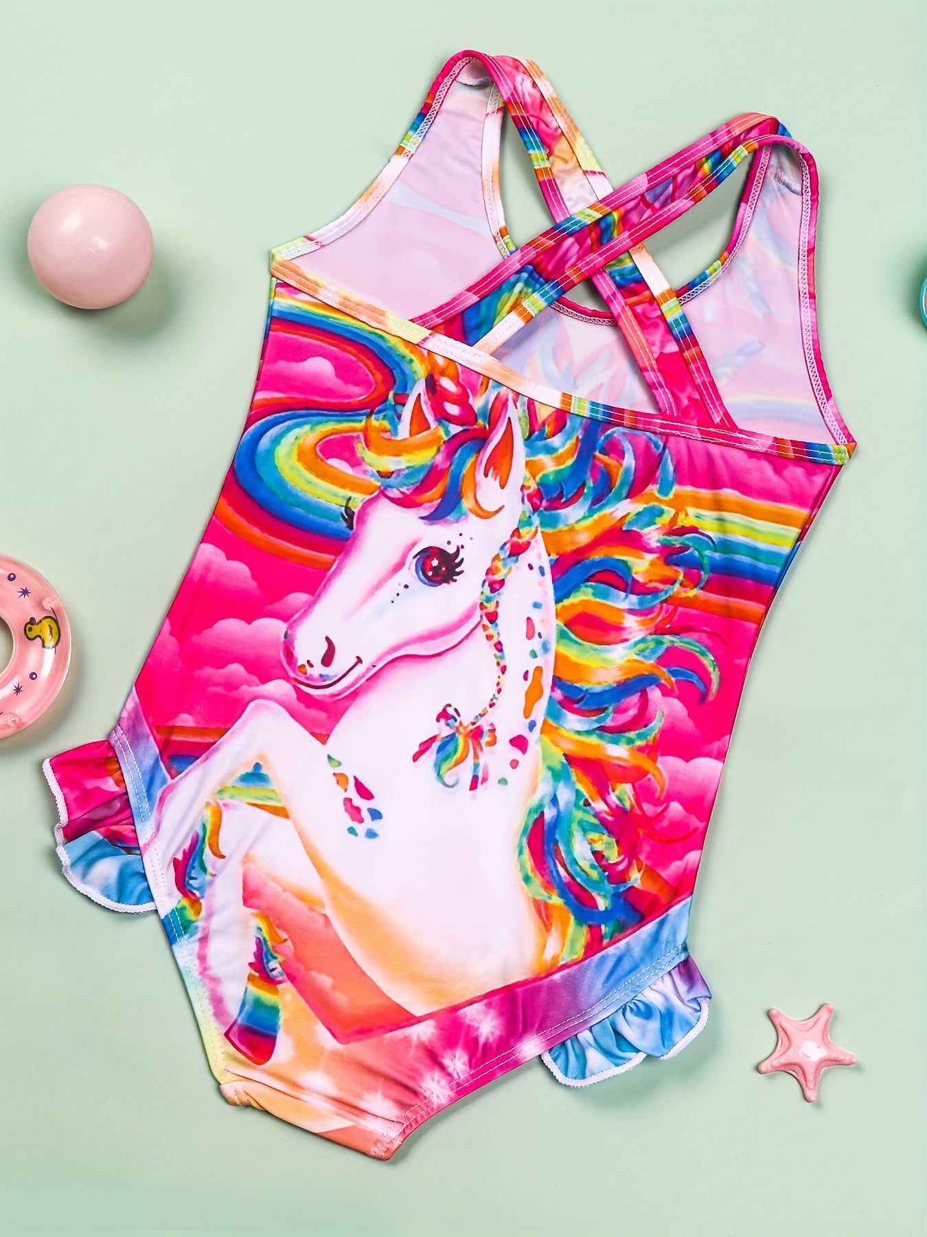 Toddler Girls Rainbow Unicorn One Piece Swimsuit Ruffle Trim
