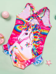 Toddler Girls Rainbow Unicorn One Piece Swimsuit Ruffle Trim