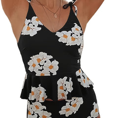 Floral Print Tankini Set Ruffle Trim Cami Top & Panty Swimsuit