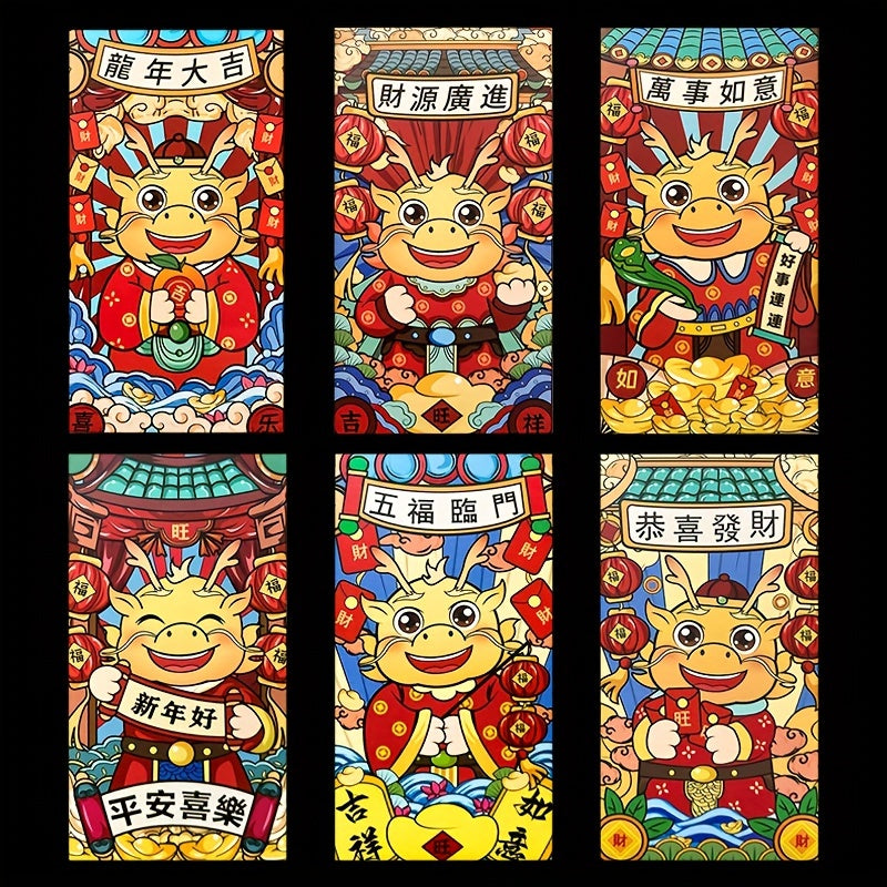 6pcs Chinese New Year Red Envelopes Lion Dragon Cartoon Design Party Birthday