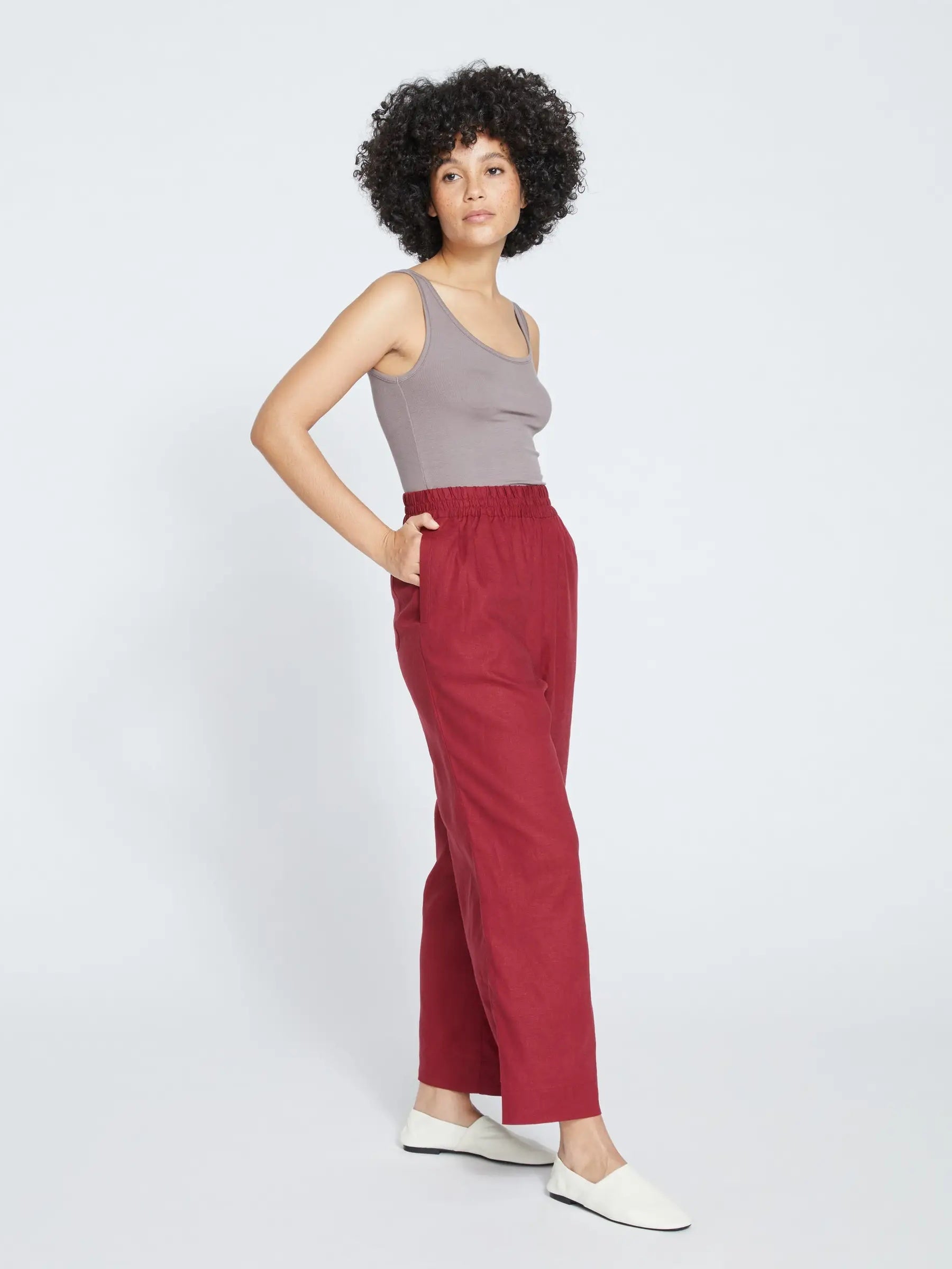 Elastic High Rise Wide Leg Trousers With Pockets