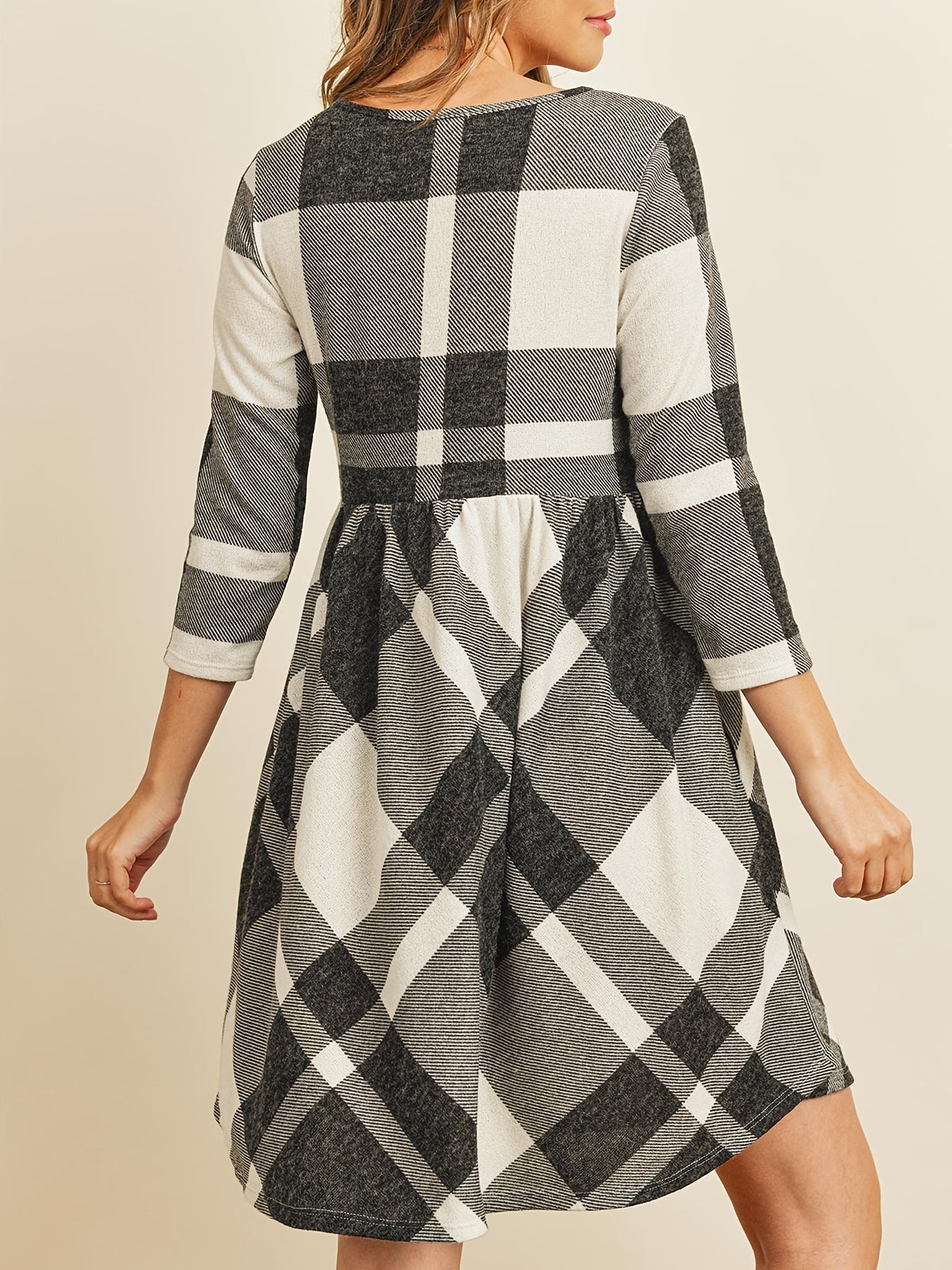 Plaid Print 3 4 Sleeve Dress Casual Vintage Crew Neck Dress Women's Clothing