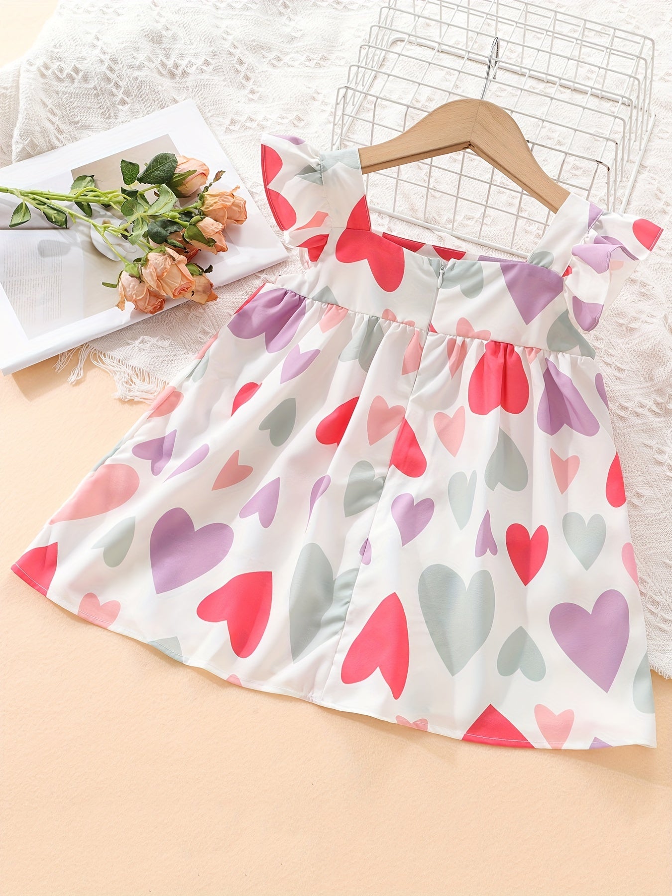 Colorful Heart Graphic Fly Sleeve Dress for Baby Girls