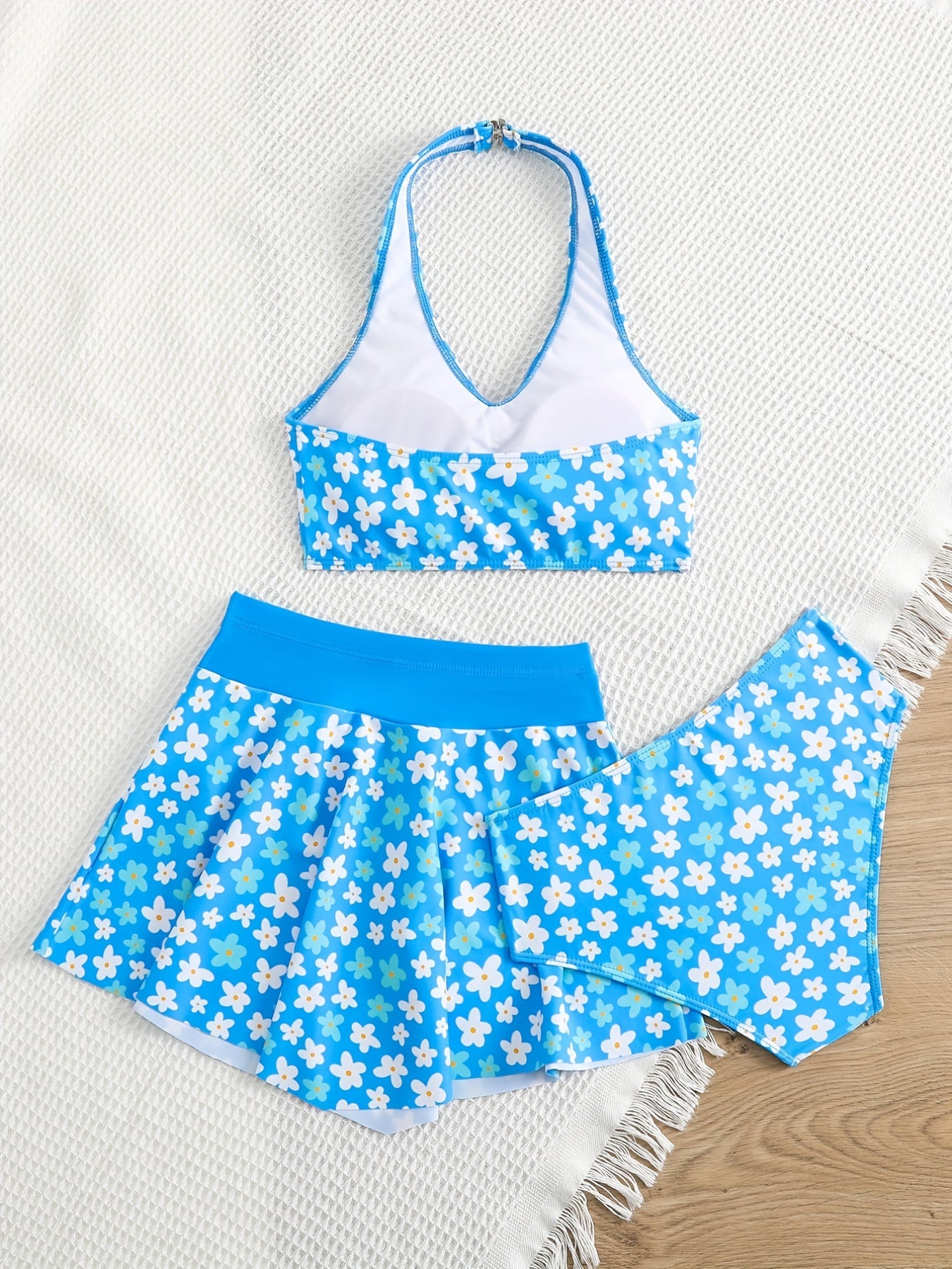 3pcs Girl's Floral Top & Skirt & Bikini Swimsuit Set Kids Beach Clothes