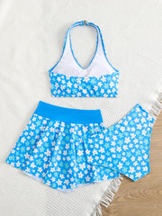3pcs Girl's Floral Top & Skirt & Bikini Swimsuit Set Kids Beach Clothes