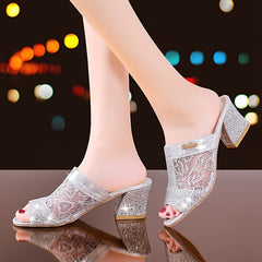 Sequins Chunky Heeled Peep Toe Sandals Slip On Mid Heels