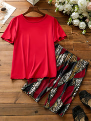 Casual Solid Top & Print Shorts Set Women's Outfit