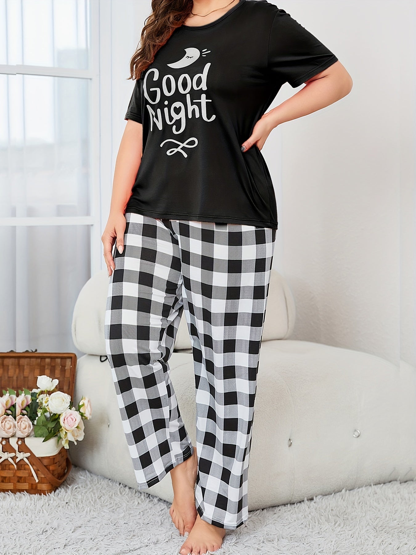 Letter Print Pajamas Set Short Sleeve Top & Plaid Pants