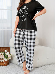 Letter Print Pajamas Set Short Sleeve Top & Plaid Pants