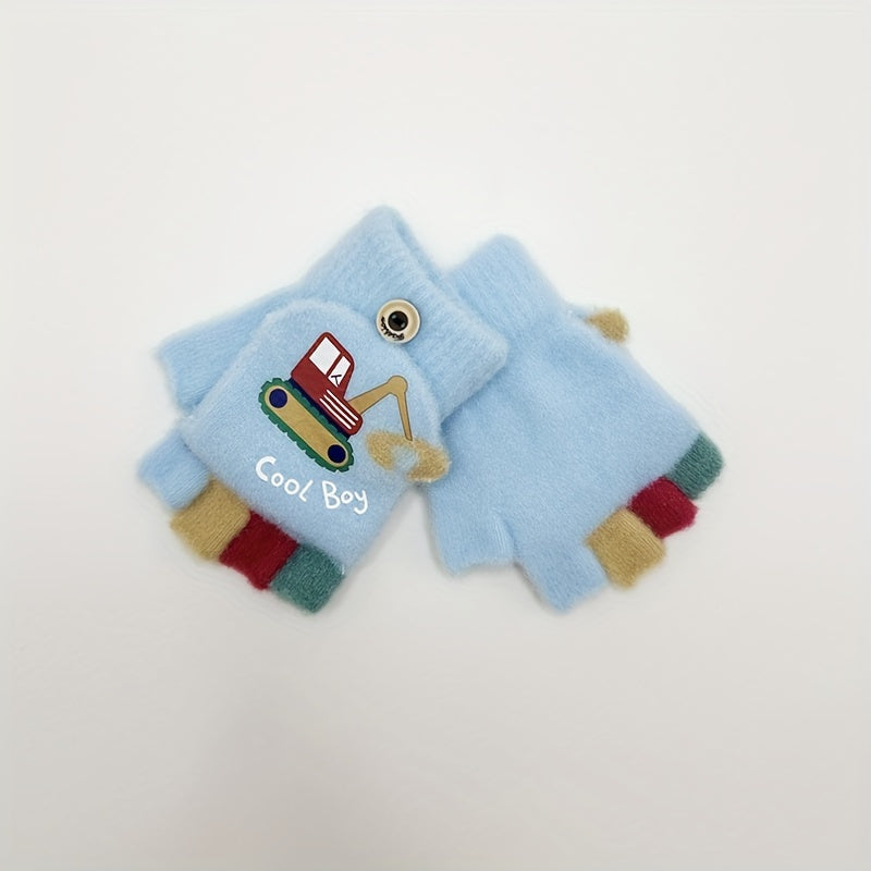 Excavator Kids Gloves Boys Girls Cartoon Half Finger Flip Knitted Warm Gloves