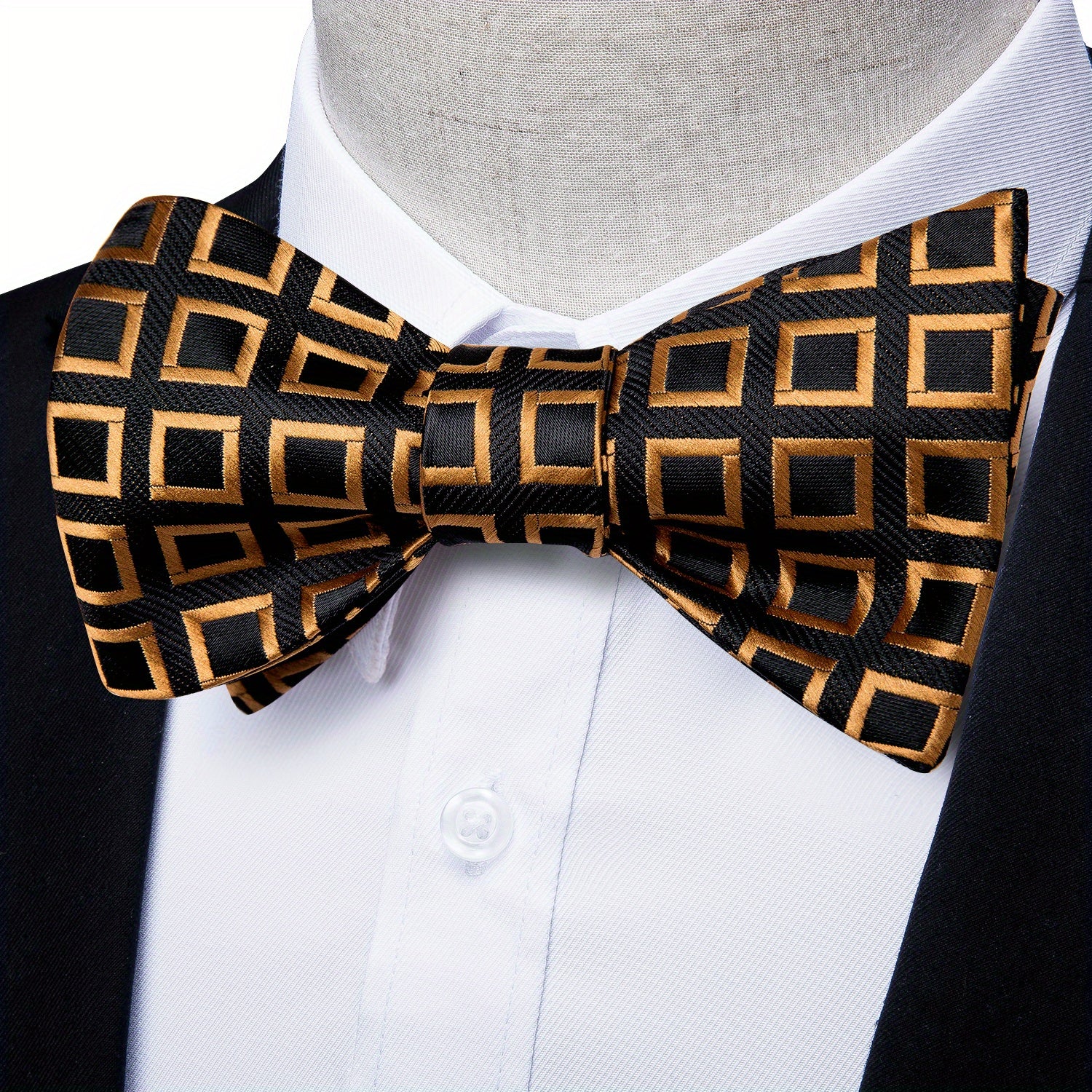 Men's Golden Paisley Silk Bow Tie Hankerchief Cufflink Wedding Set