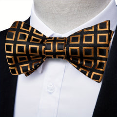 Men's Golden Paisley Silk Bow Tie Hankerchief Cufflink Wedding Set
