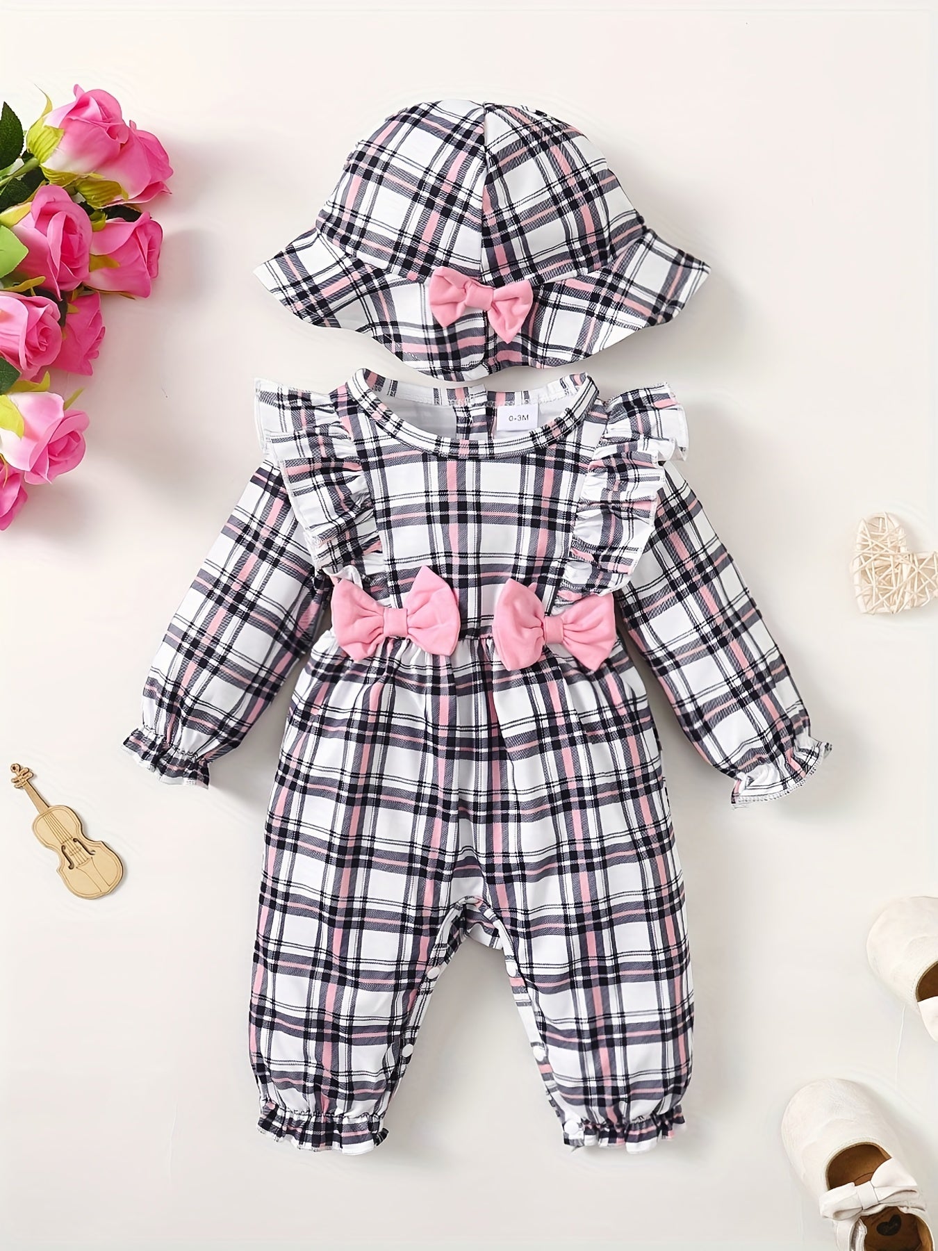 Plaid Bow Outfit Baby Girls 2pc Bodysuit & Hat Set