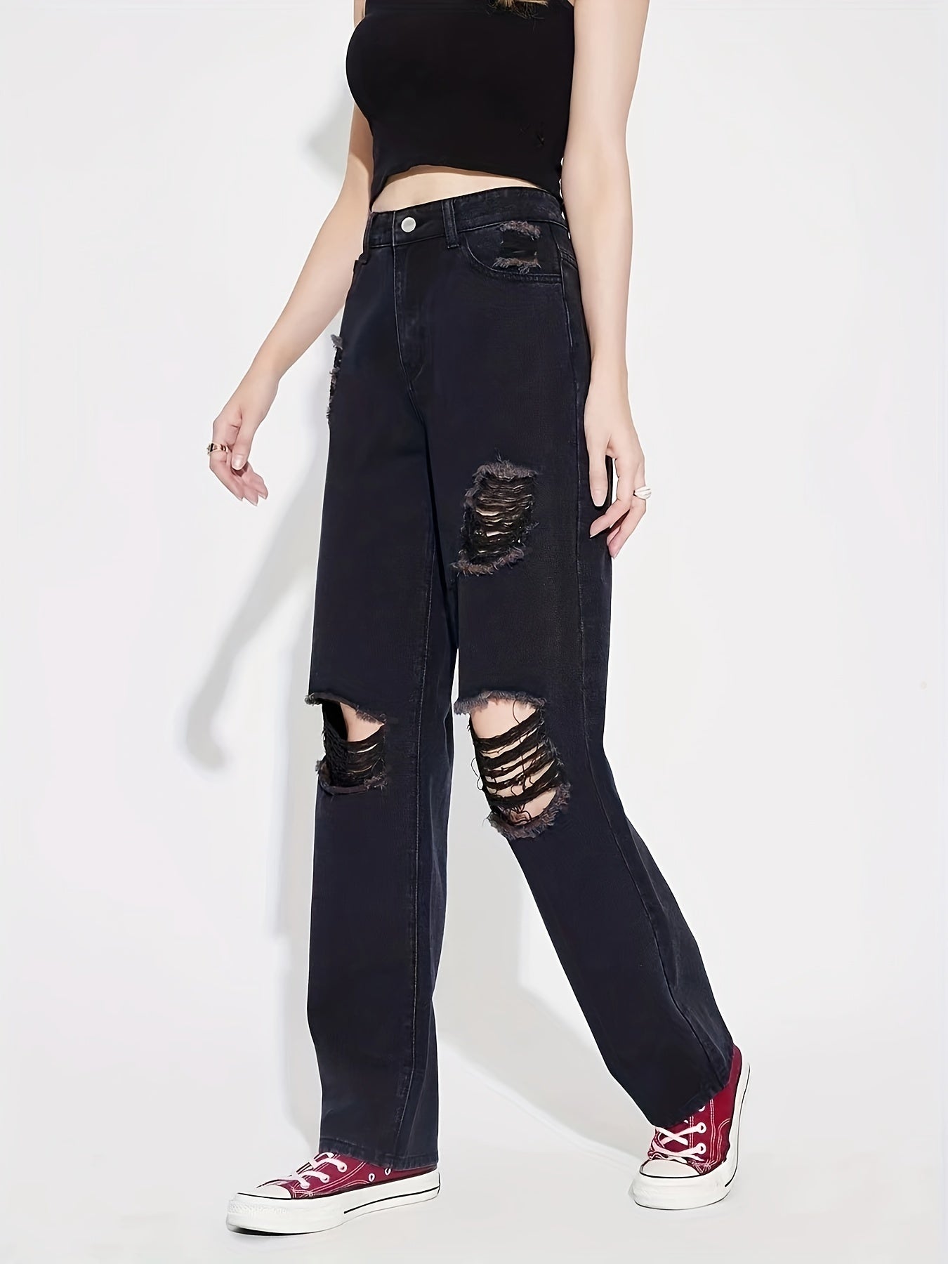 High Rise Distressed Straight Leg Denim Jeans