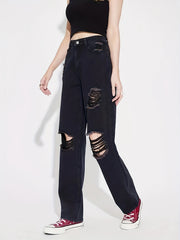 High Rise Distressed Straight Leg Denim Jeans