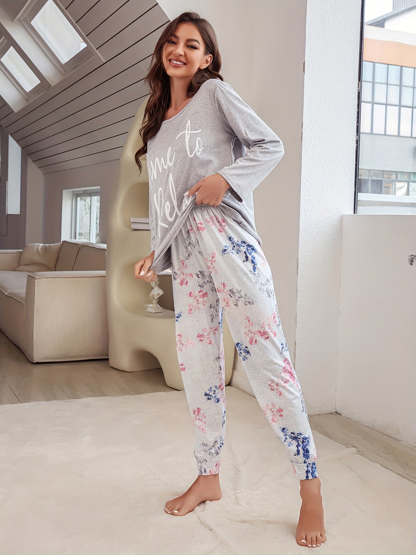 Letter Print Pajama Set Long Sleeve Crew Neck Top & Floral Print Pants