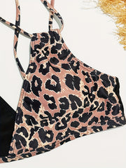 Leopard Print Bikini Top V Neck Beachwear Swimwear
