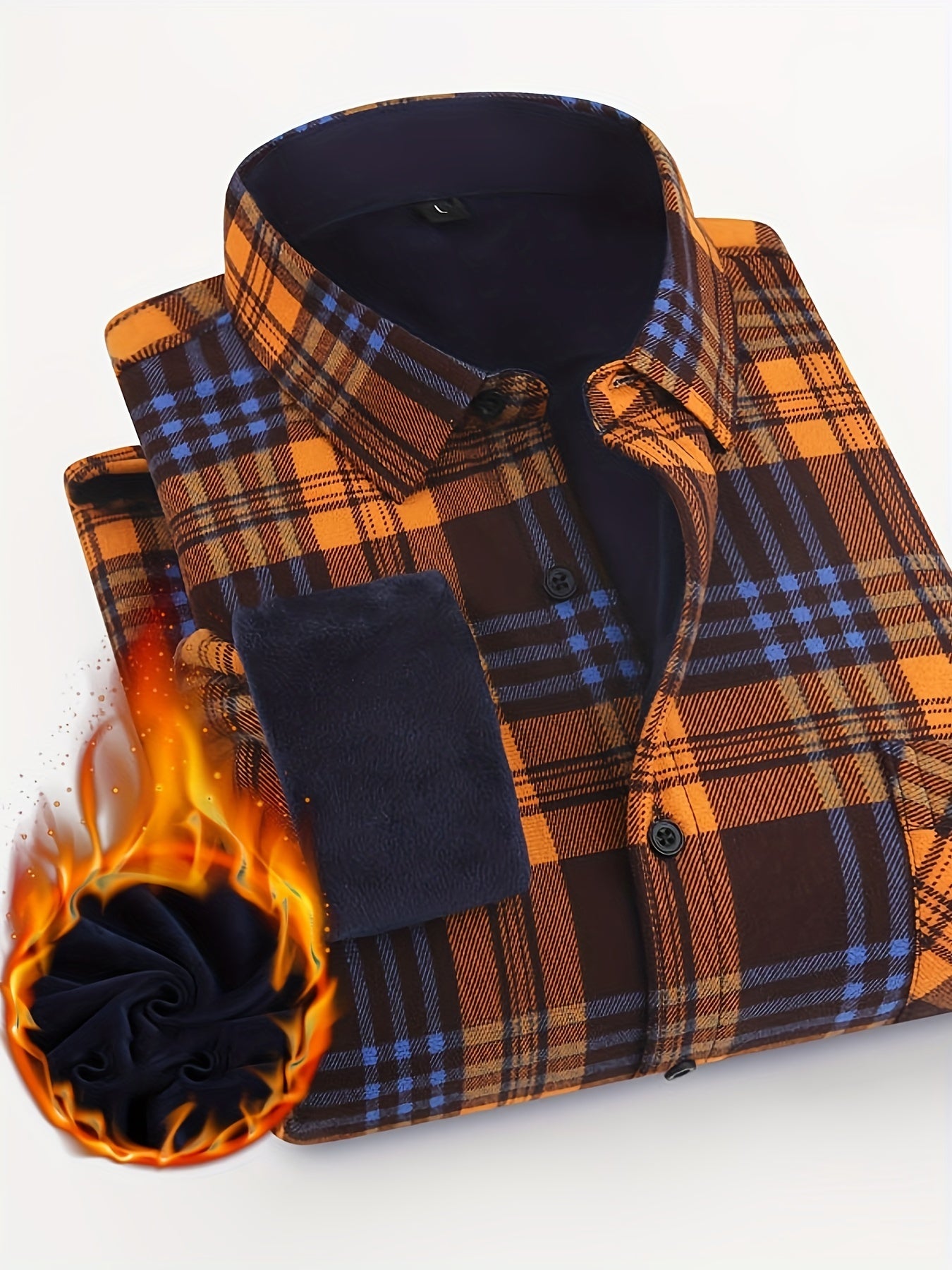 Men's Plaid Fleece Shirt Turndown Collar Long Sleeve Warm Autumn Winter