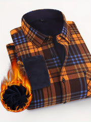 Men's Plaid Fleece Shirt Turndown Collar Long Sleeve Warm Autumn Winter