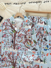 Floral Bird Print Pajama Set Long Sleeve Top & Pants