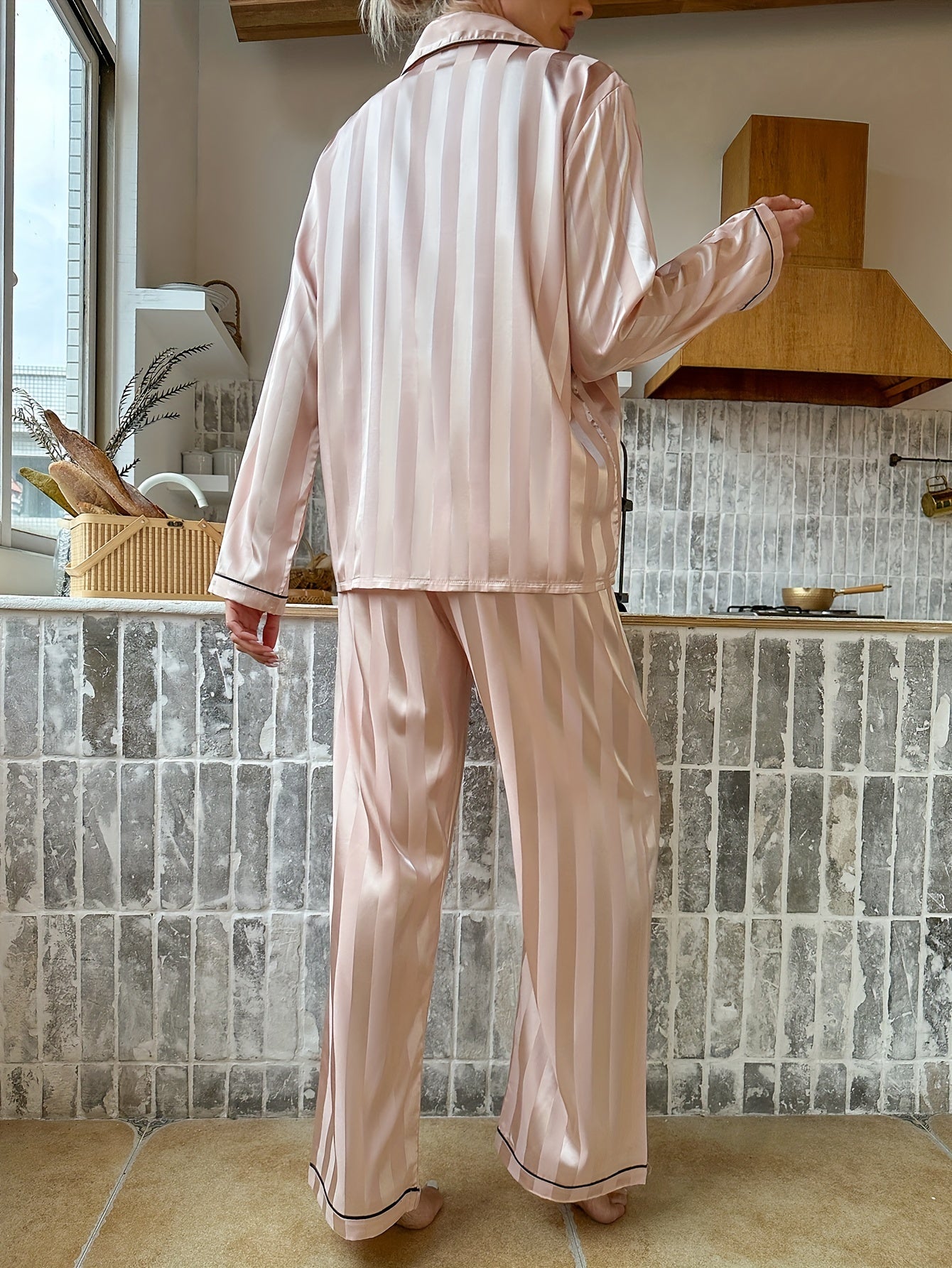 Striped Satin Lounge Set Long Sleeve Top & Pants Women's Loungewear