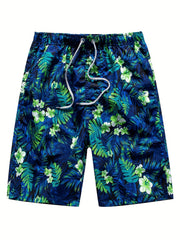 Leaf & Flower Pattern Swim Trunks Quick Dry Beach Shorts Men's Swimwear