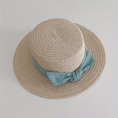 Kids Straw Hat Bowtie Decor Flat Beach Sun Hat