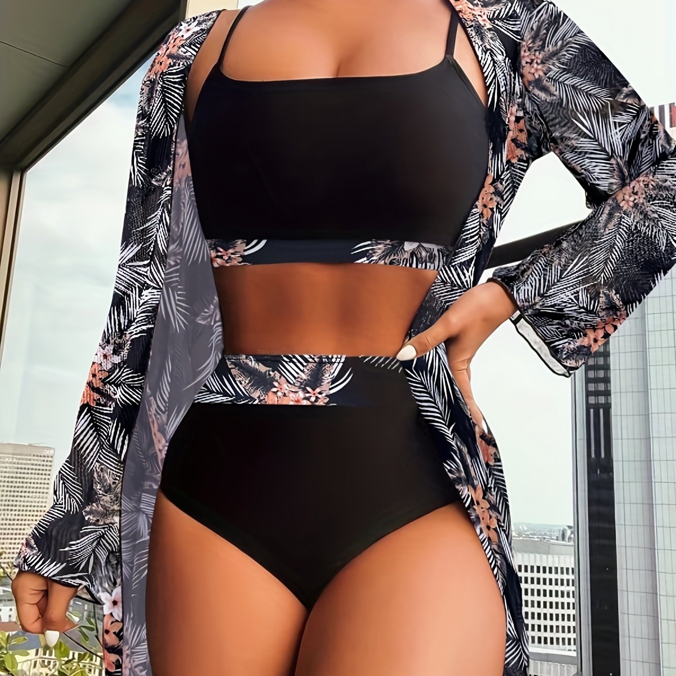 Tropical Print 3 Piece Set Swimsuits Floral Plants Cover Up Top Bottom