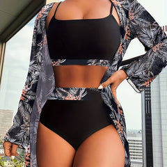 Tropical Print 3 Piece Set Swimsuits Floral Plants Cover Up Top Bottom