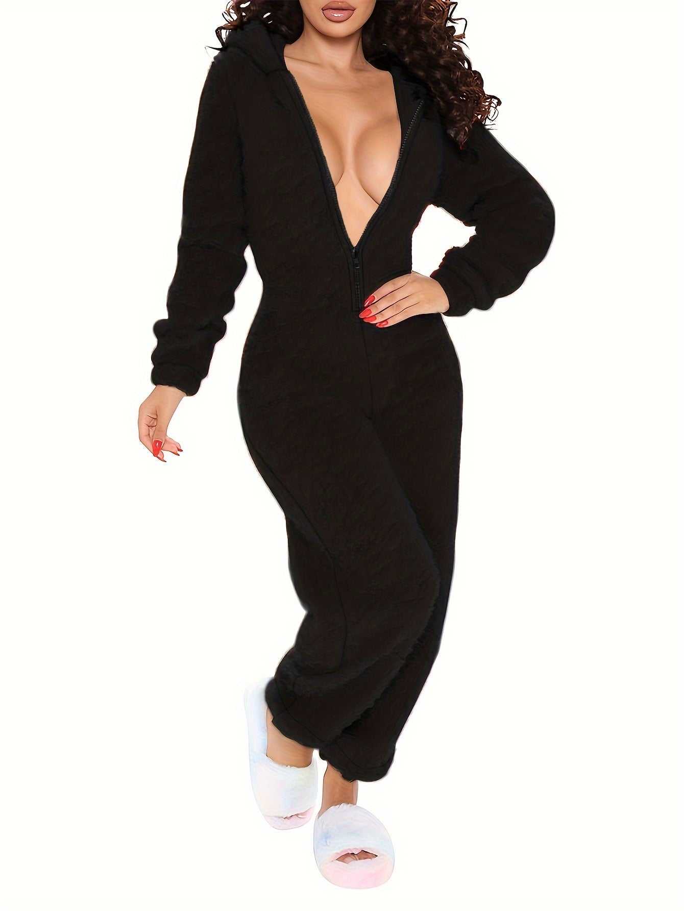 Solid Hooded Fuzzy Pajama Jumpsuit Comfy Long Sleeve Zipper Pajamas