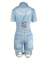 Ripped Short Sleeve Denim Overalls