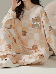 Bear Print Pajama Set Long Sleeve Crew Neck Top & Pants