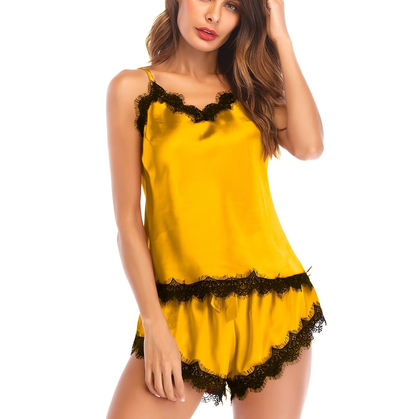 Lace Trim Satin Pajama Set V Neck Cami Top & Elastic Waistband Shorts