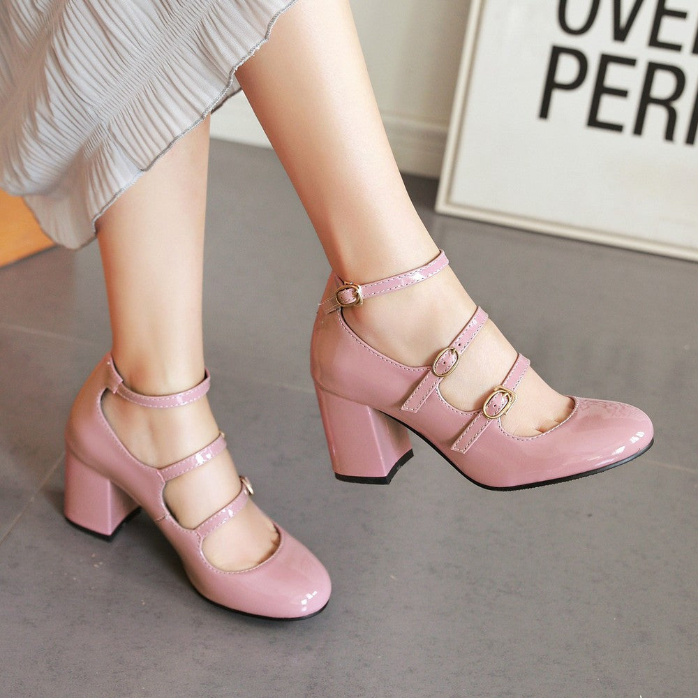 Pink Mary Janes Chunky Heel Pumps