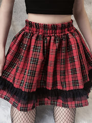 Kpop Plaid Print Pleated Skirts High Waist A Line Women's Clothing