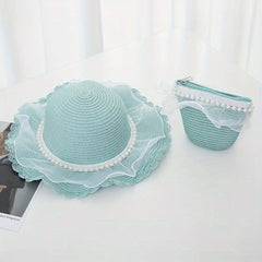 Girls Mesh Pearl Decor Lace Trim Straw Hat Sun Protection Cap & Straw Bag Set