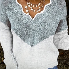 Colorblock Floral Trim V Neck Long Sleeve Pullover Sweater