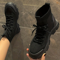 Knitted Ankle Boots Lace Up Combat Boots Elastic Platform Boots
