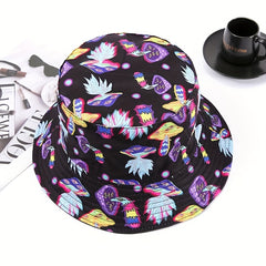 Y2K Mushroom Print Bucket Hat Cartoon Basin Hat Unisex Lightweight Fisherman Cap